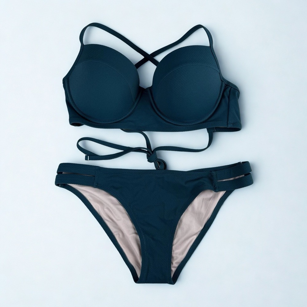 Shade & Shore Bikini Set Top & Bottom Womens L Teal Sexy Strappy‎ Swimwear NWOT